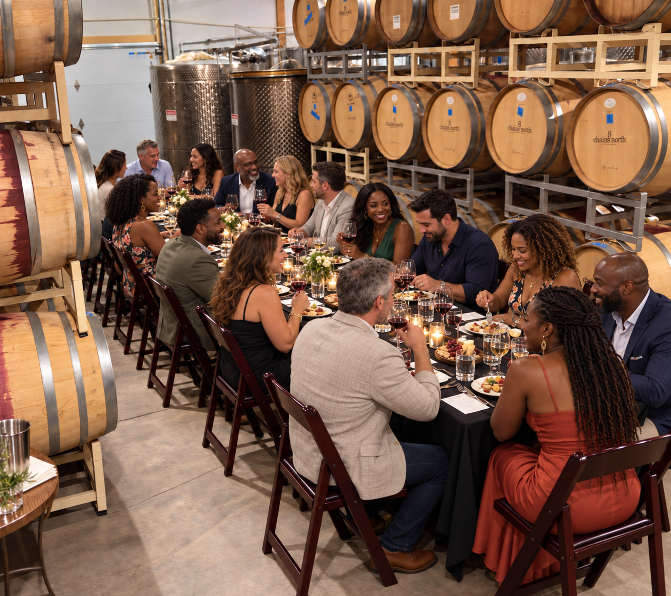 Guests dining among wine barrels in the cellar