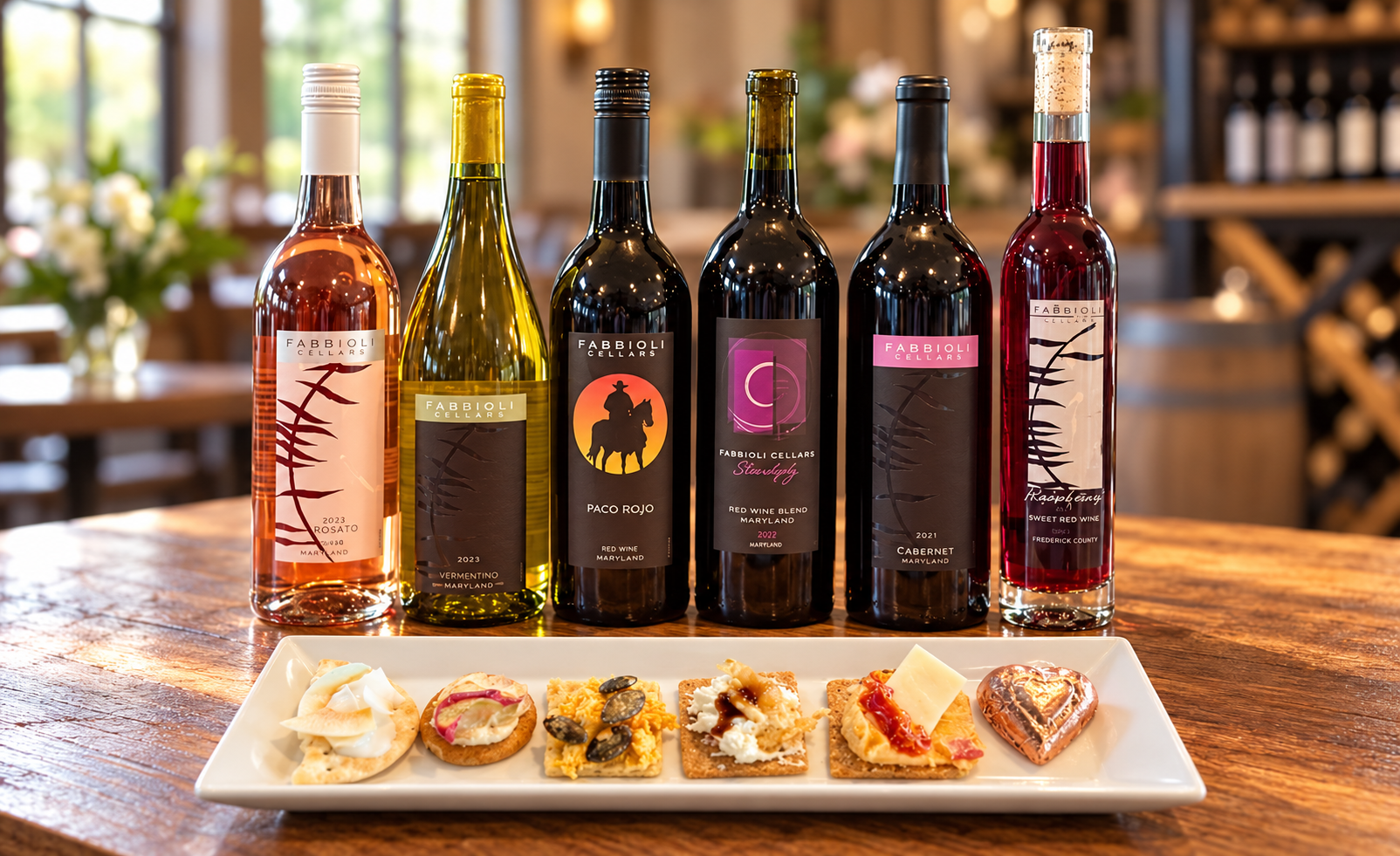 Six Fabbioli wines with six small gourmet bites for a wine and food pairing