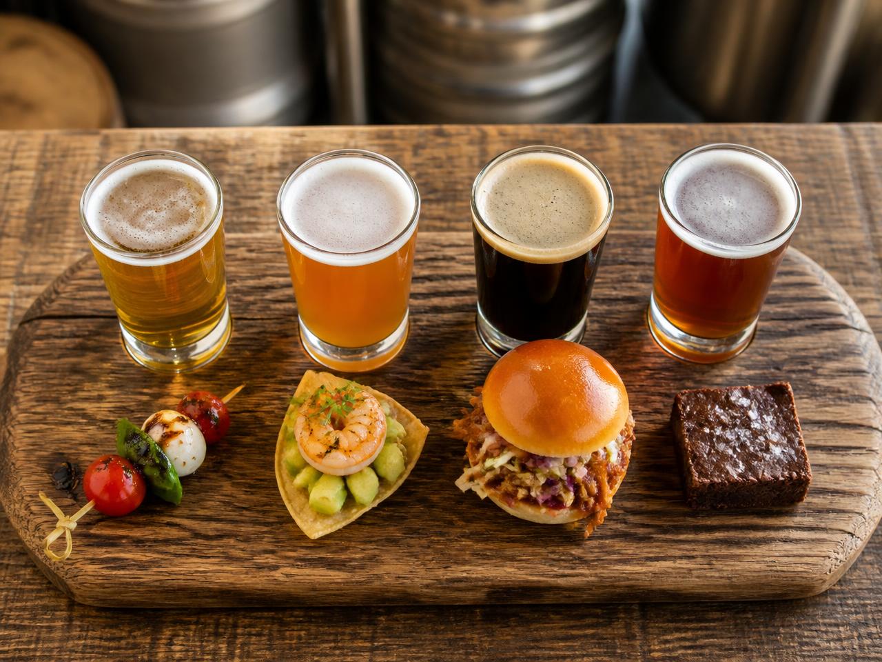 Four craft beers on a wooden board, each with a matched food pairing