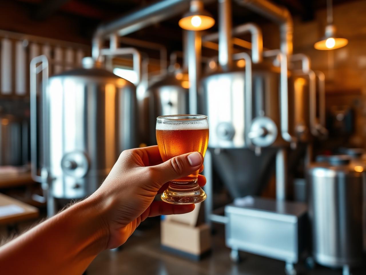 A guest holding a small craft beer tasting glass in front of brewing tanks